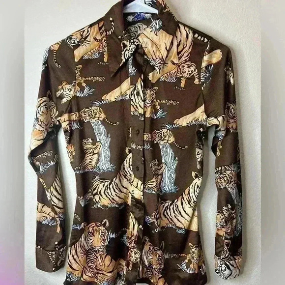 Vintage 70s Disco Mod Tiger All Over Art Cat Print Miami Brown Button Shirt - Picture 6 of 8